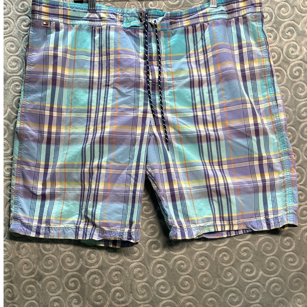 Tommy Hilfiger XXL Swim Trunks Blue‎ Plaid Drawstring Menswear Shorts